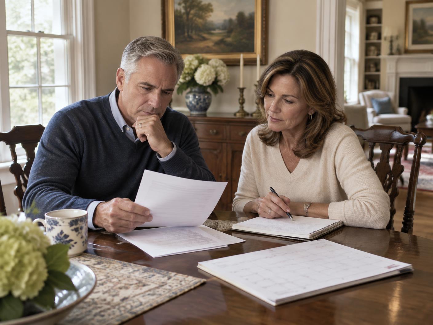 Mature homeowners reviewing their plans at a dining table